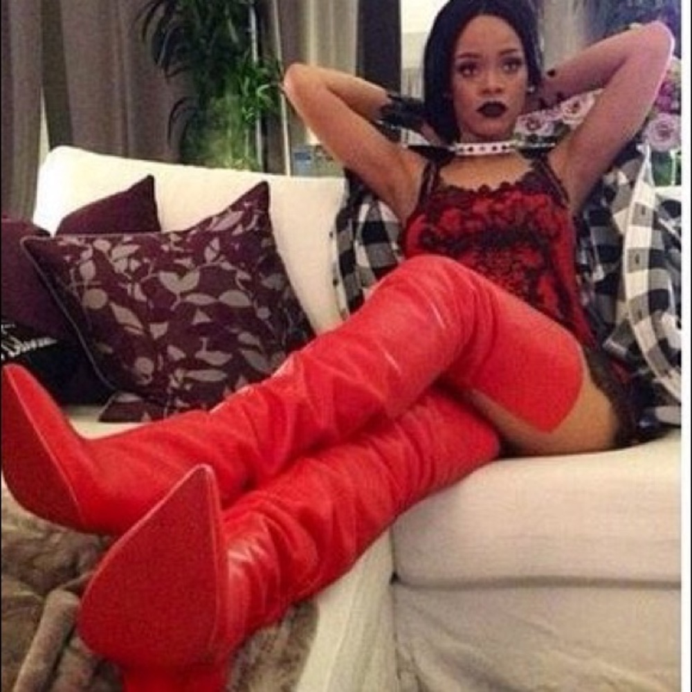 Red thigh high boots