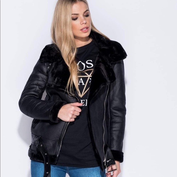 Shearling black faux fur aviator coat - Picture 4 of 8