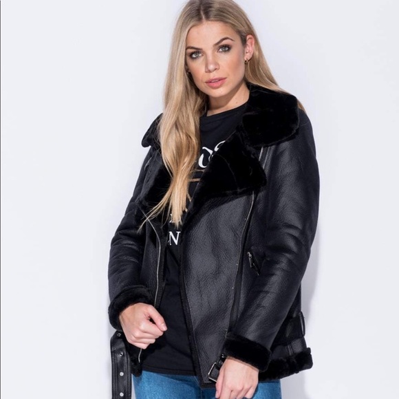 Shearling black faux fur aviator coat - Picture 5 of 8