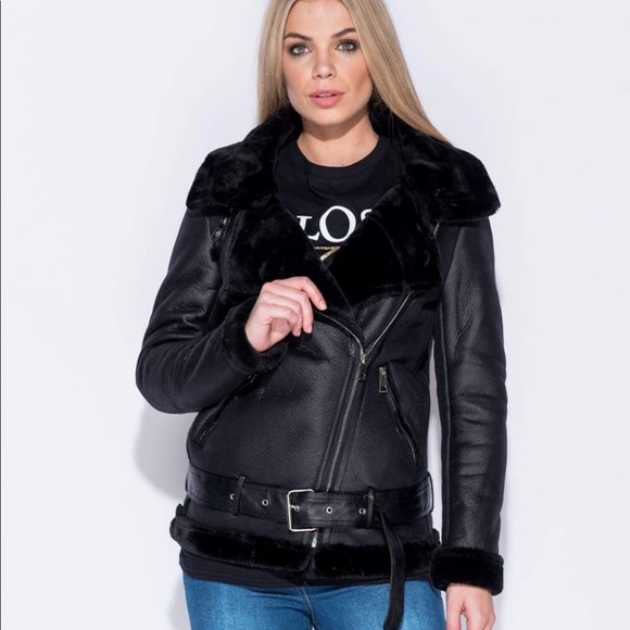 Shearling black faux fur aviator coat - Picture 7 of 8