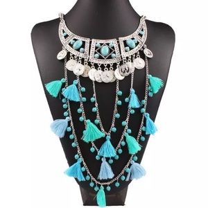 🆕Blue Tassels,Turquoise & Silver Necklace