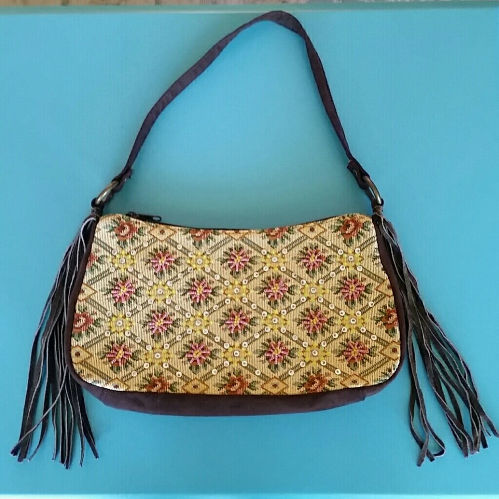 Embroidered Boho Beaded Purse w/ Fringe
