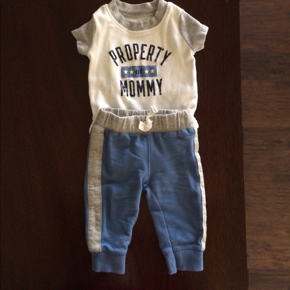 Baby boy's Property of Mommy onesie and pant set.