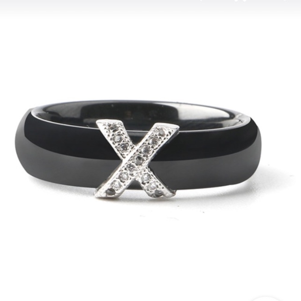 Crystal Stones Ring with Black Ceramic Band