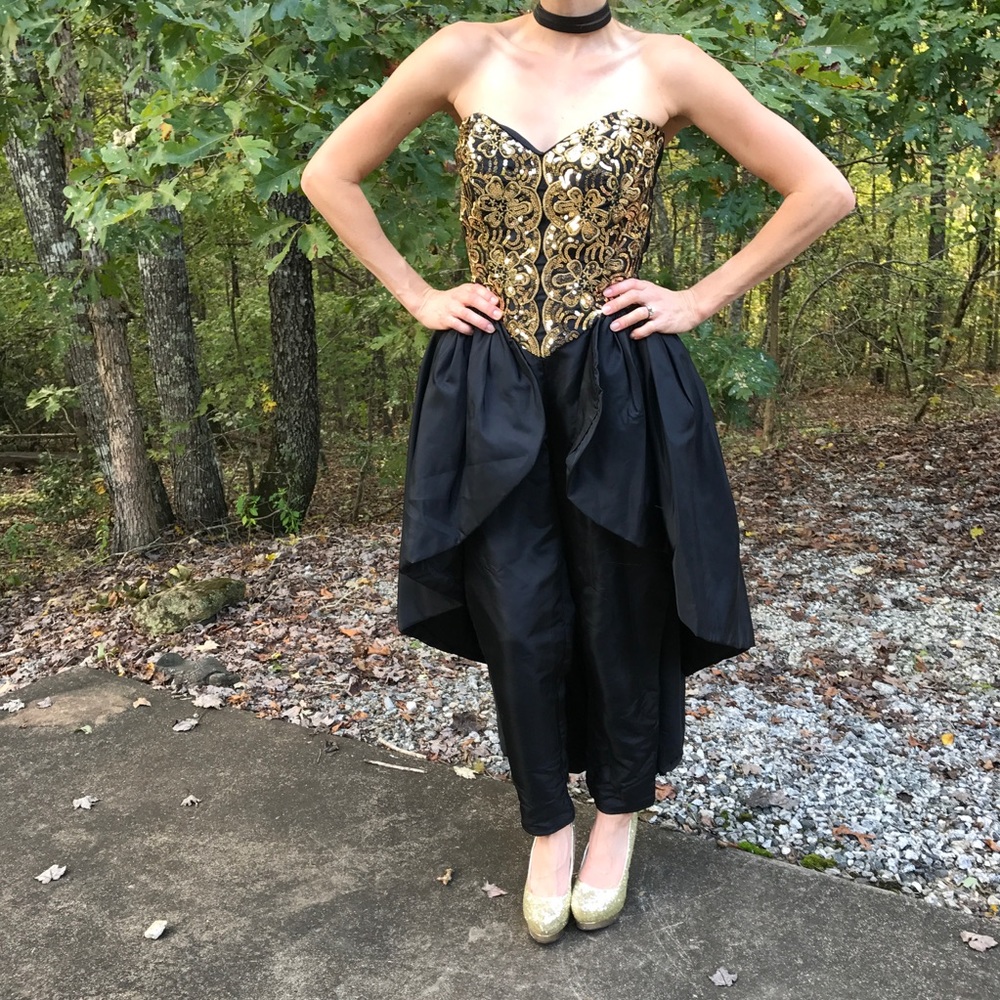 Vintage 80's Pant Dress in Black/Gold Prom/ Party