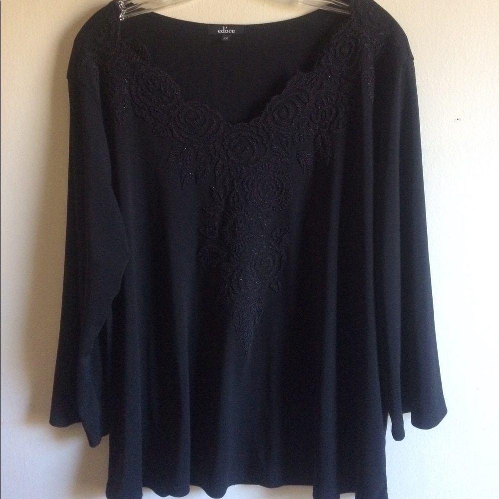 EDUCE Sz 1X Stretch Blouse Elegant Beaded V Neck