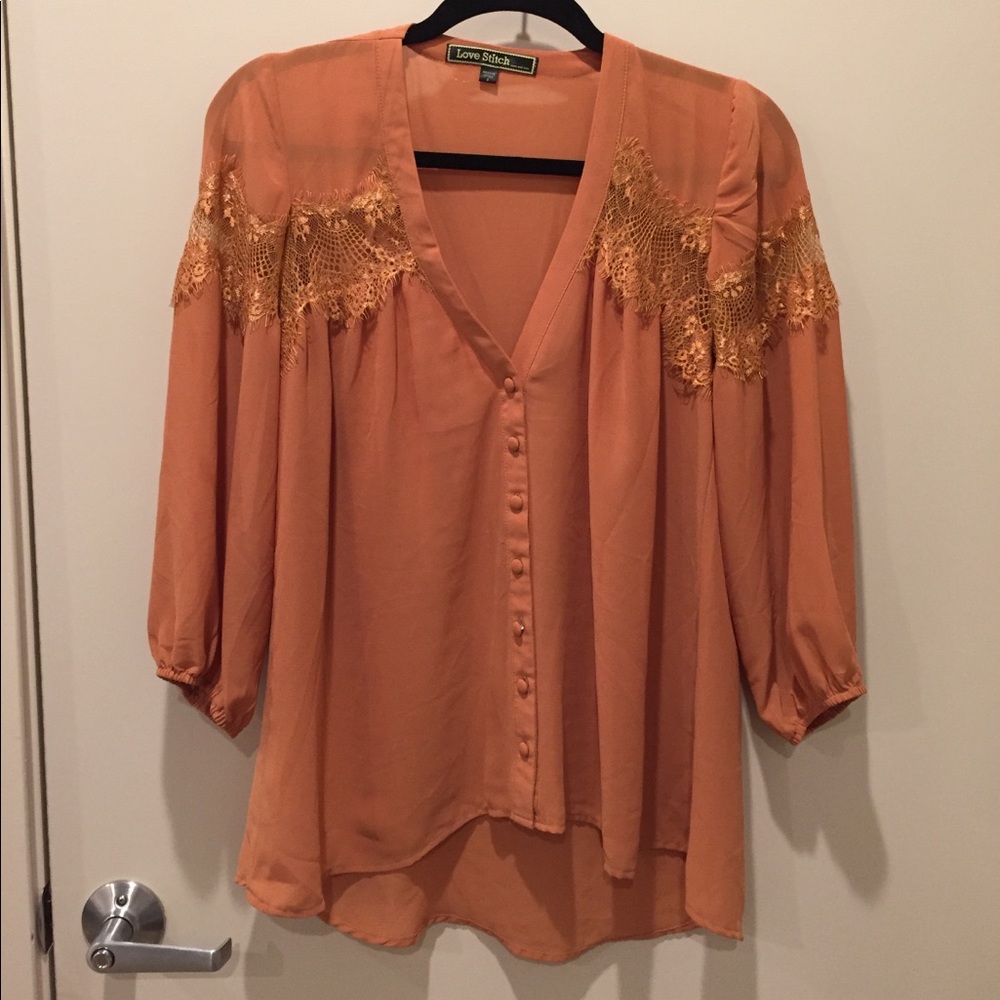 Love Stitch V-Neck Lace Panel Top