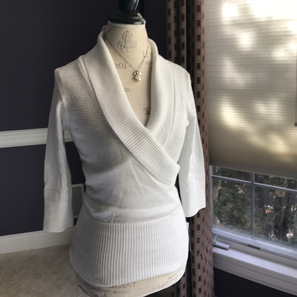 White w/Silver Thread Vneck cut 3/4 Sweater ONLY