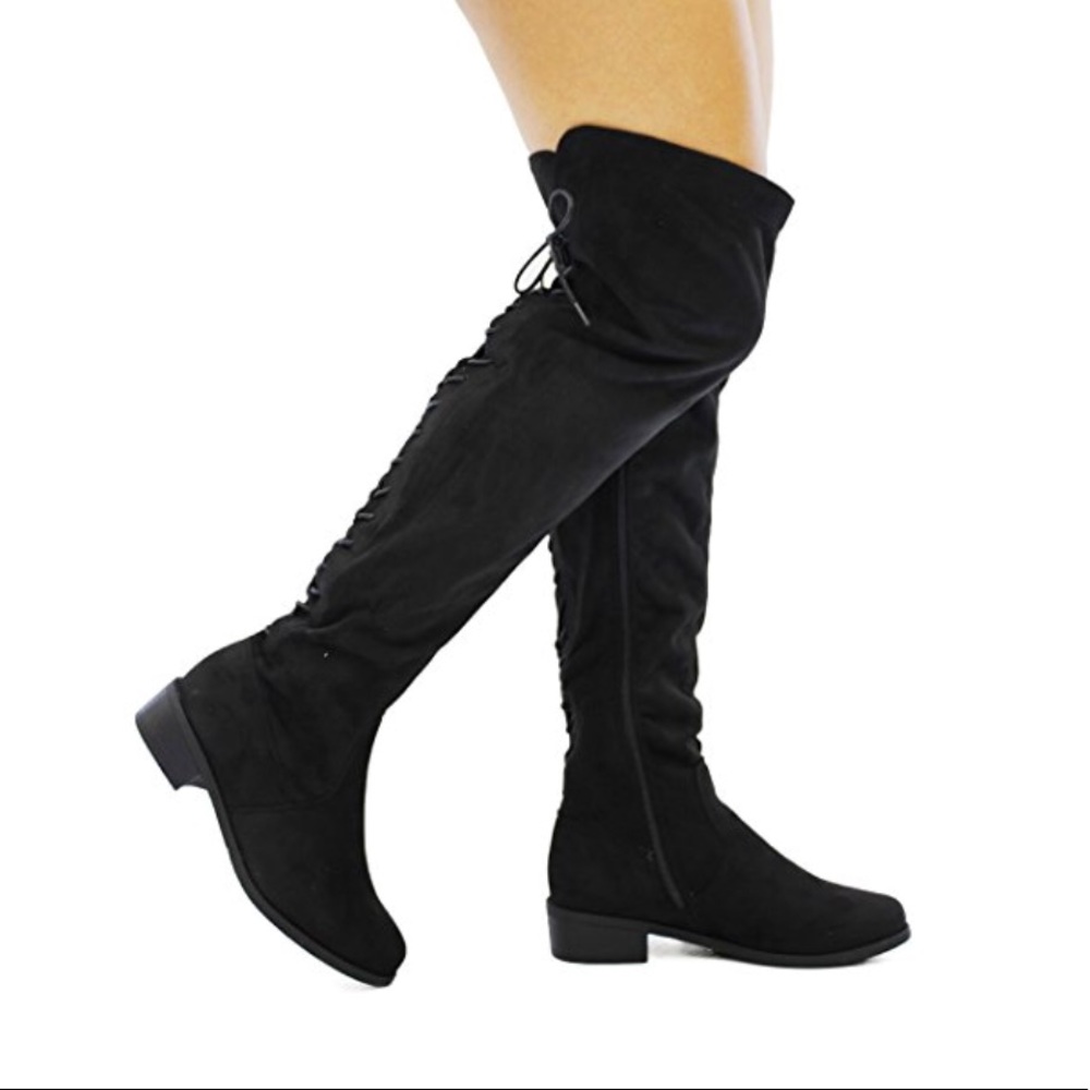 Black Lace Up Back Fold Over the Knee Boots - Picture 2 of 2