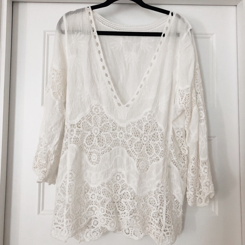 White, sheer, lace tunic, swim coverup