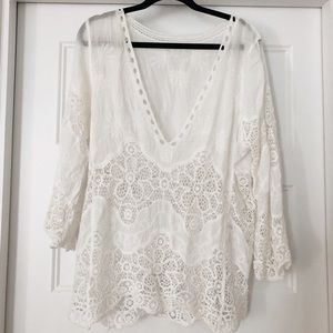 White, sheer, lace tunic, swim coverup