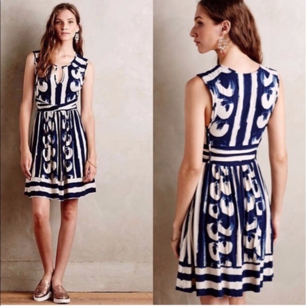 Anthropologie Sennebec Dress by Maeve Navy/Cream