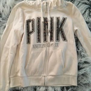 PINK Cream Hoodie with Leopard Print