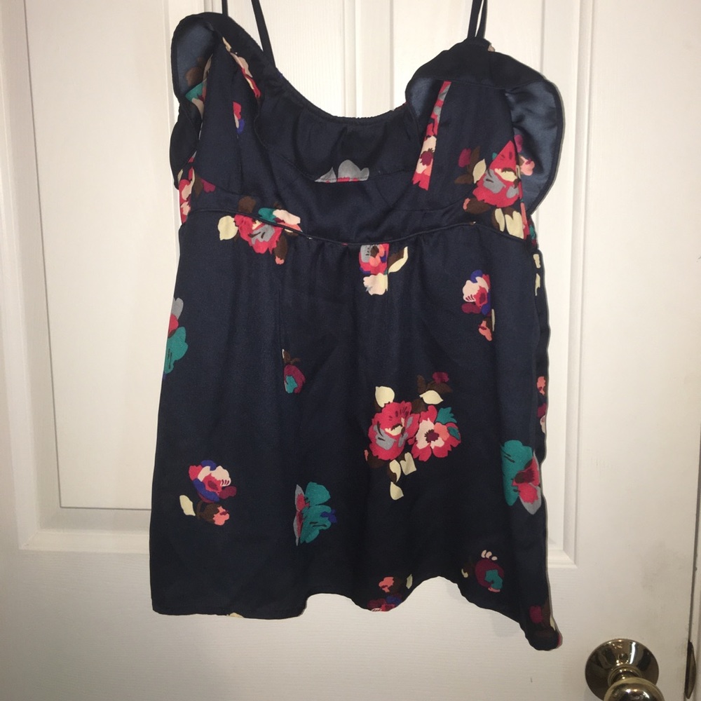 Navy silk top with ruffles neck line