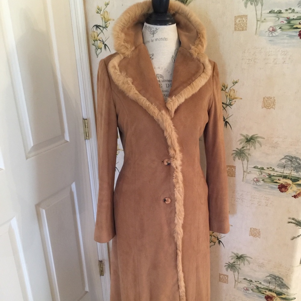 Suede  coat with real fox trim.