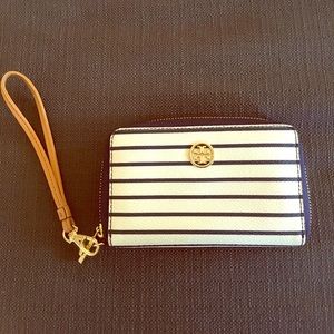 Cream and navy striped Tory Burch Wristlet