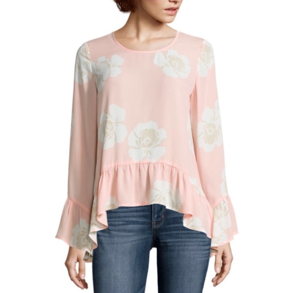 a.n.a. Long Sleeve Peplum Ruffle Hem Chiffon Blouse "Pink Floral" Women's Large