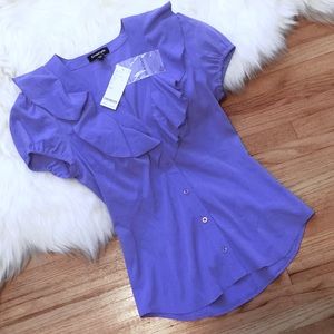 BEBE gorgeous silk blue ruffle fitted blouse XXS