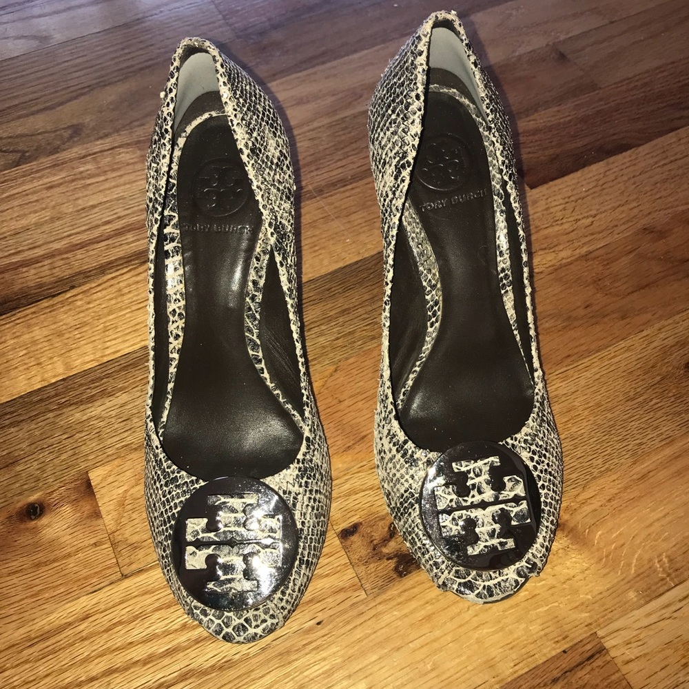 Tory Burch snake skin peep toe wedge