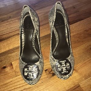 Tory Burch snake skin peep toe wedge