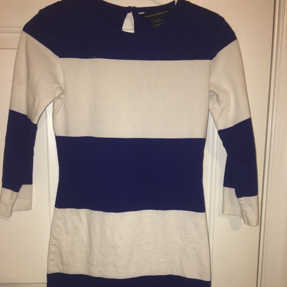 Blue and white mini dress with padded shoulders