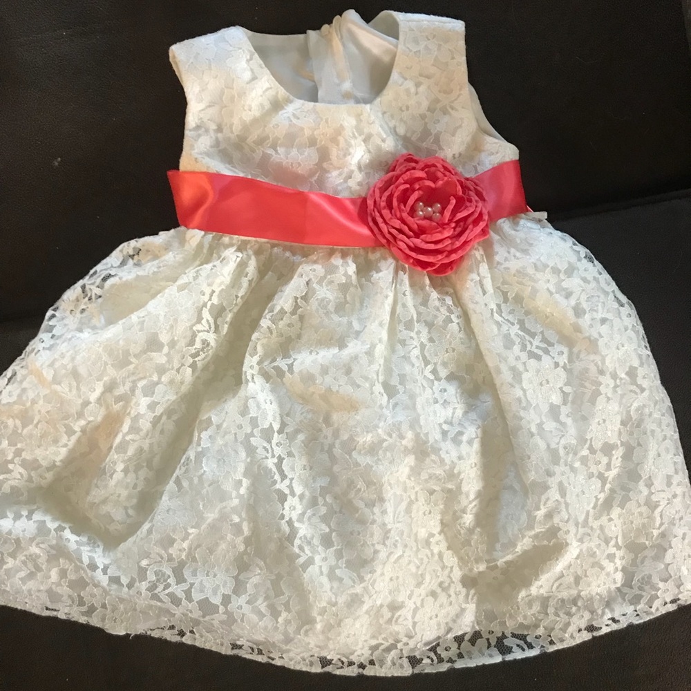 Lace flower girl dress with removable coral sash