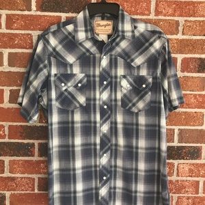Wrangler Western Shirt. Navy. Pearl Snaps. SS. M