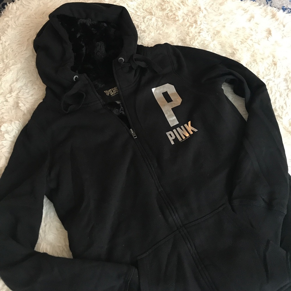 Victoria's Secret PINK Black Fur Zip-Down Hoodie