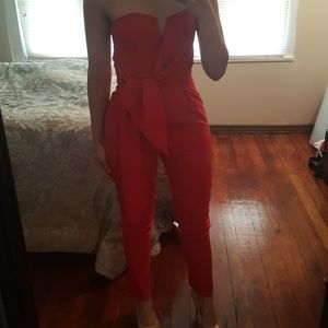 Red hot faux wrap jumpsuit