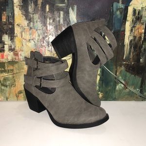 New Vanity Strappy Gray Faux Suede Booties “Ellie”