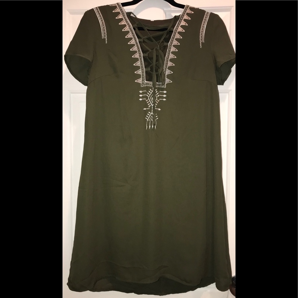 Olive Green Dress w/ White Front Detail