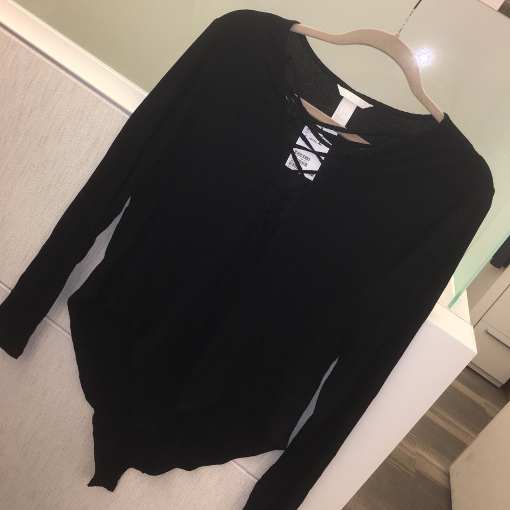 NWT H&M Black ribbed laceup bodysuit top