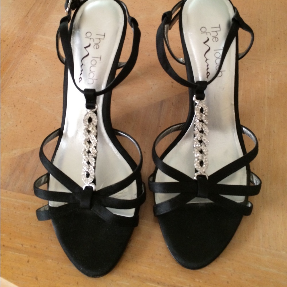 Black satin evening heels, worn twice.