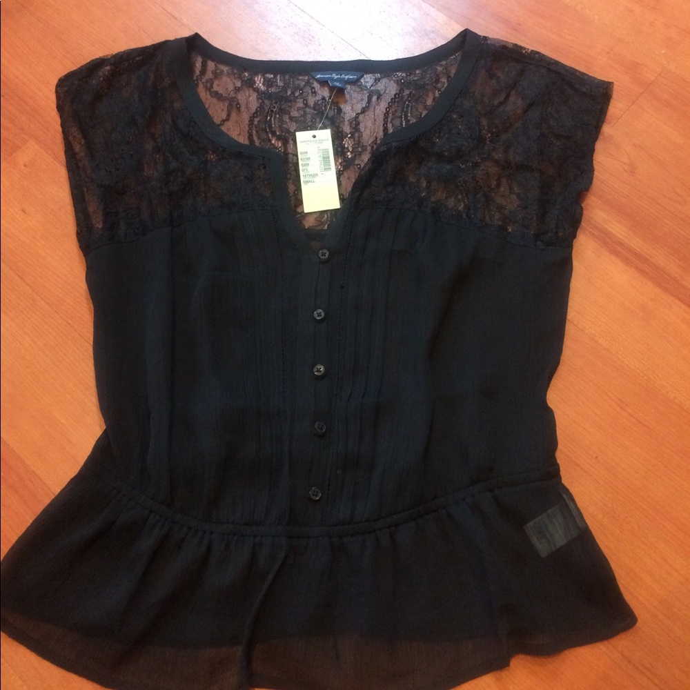 Sexy sheer black blouse with lace detail NWT