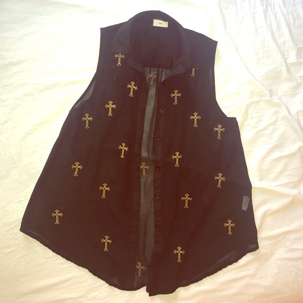 Gold Cross embroidered, black button up blouse