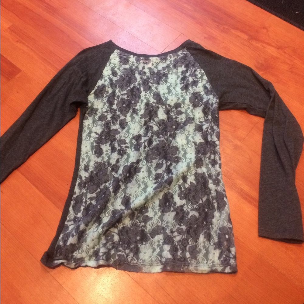 Mint green and gray shirt with sheer lace front