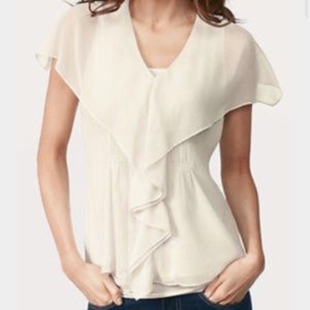 CAbi 814 Whisper Blouse Ruffle Front Ivory Sheer