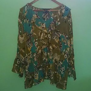 Olive & Teal Paisley Print Ruffled Crinkle Top 2X