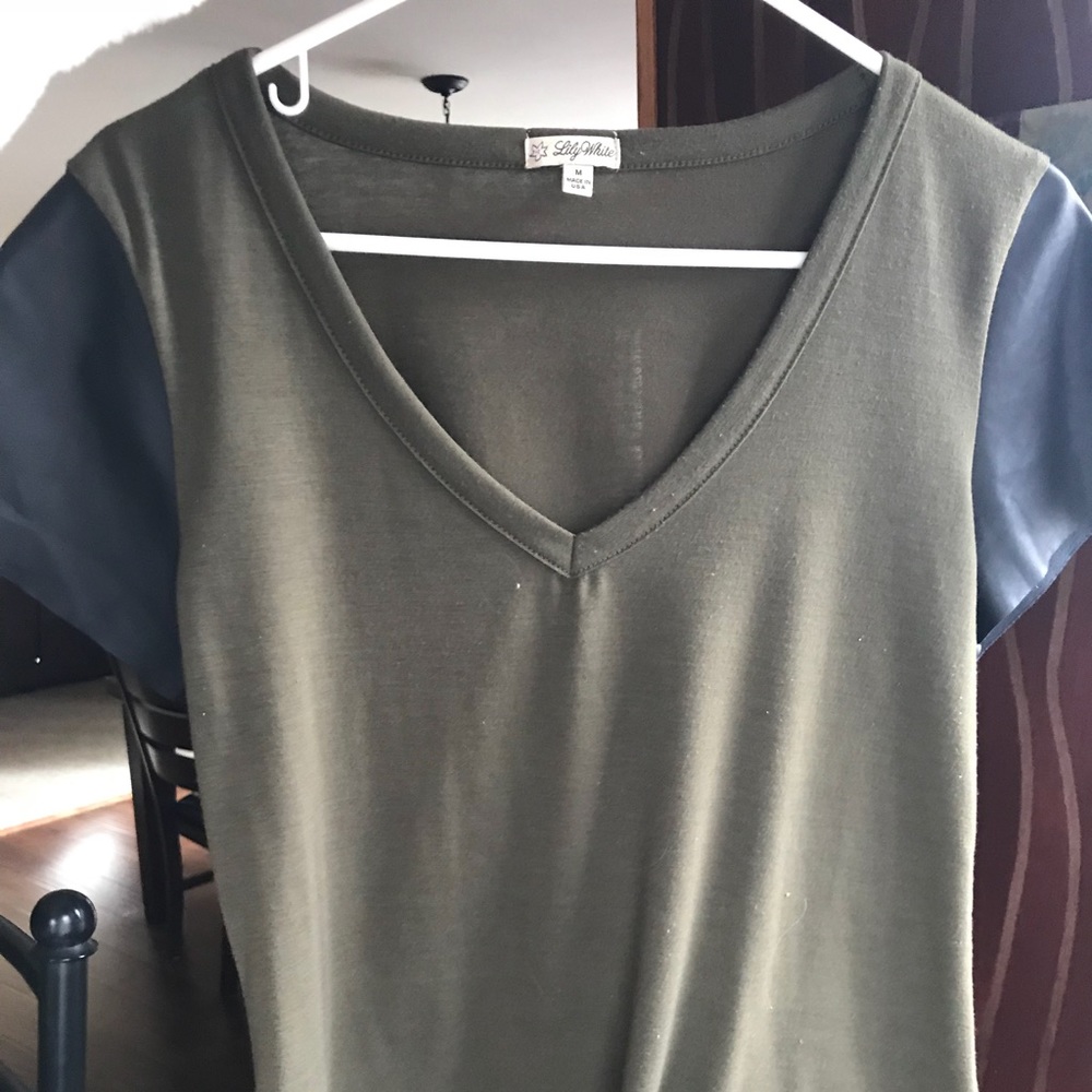 Olive Green Tee with Leather Cap Sleeves