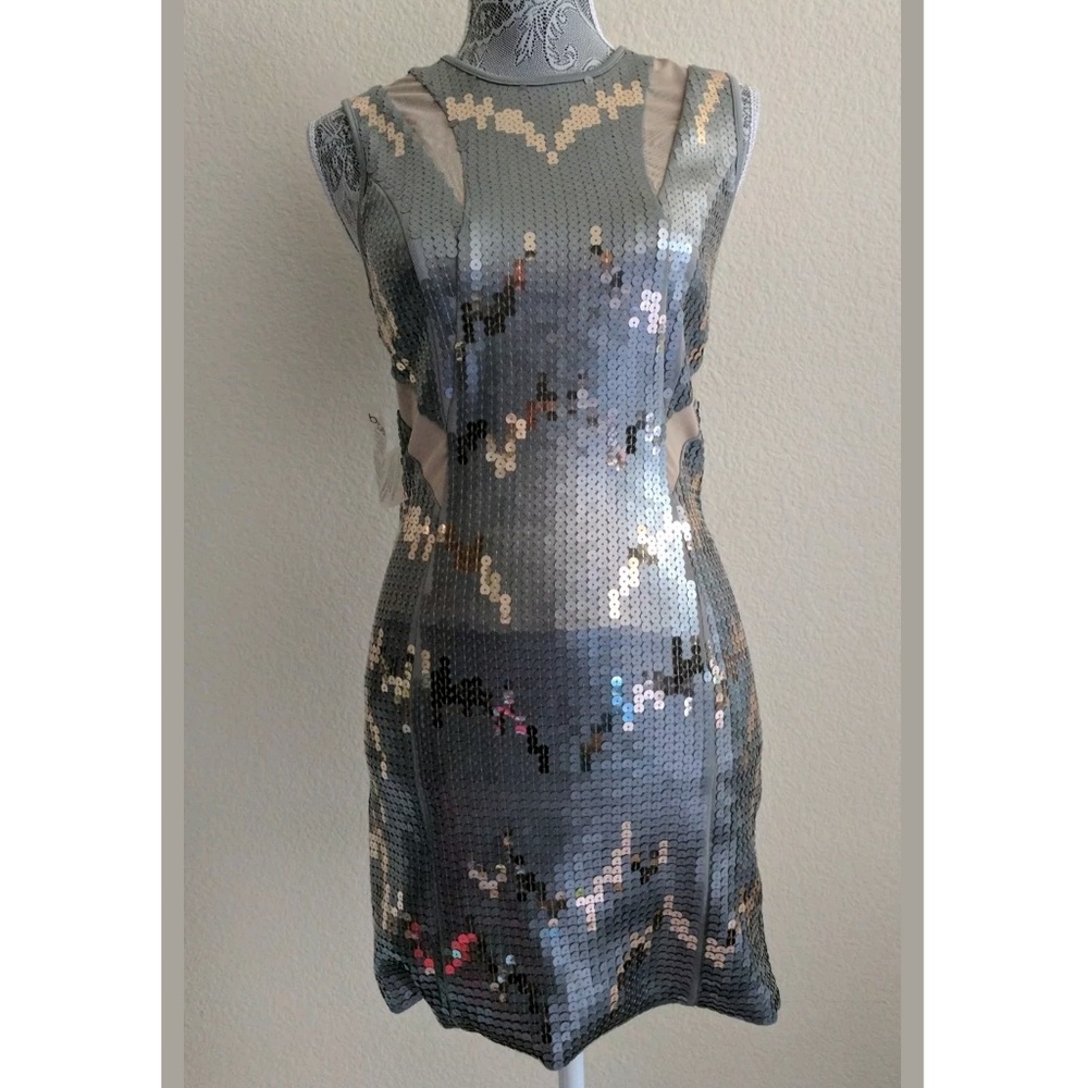 Bebe Metallic "Gisselle Mesh Sequin Dress," S