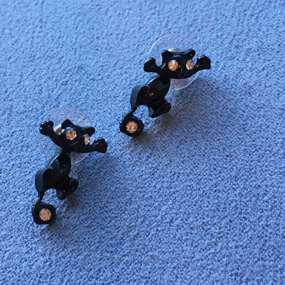 Black Cat  White Eyes Dangle Earrings - Picture 3 of 7