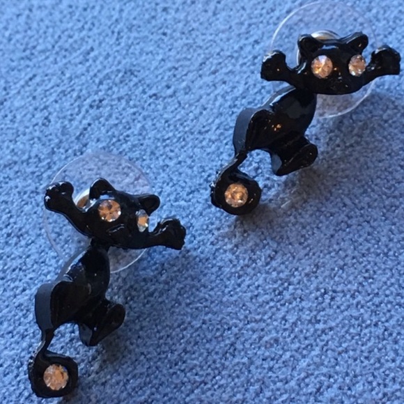 Black Cat  White Eyes Dangle Earrings - Picture 4 of 7