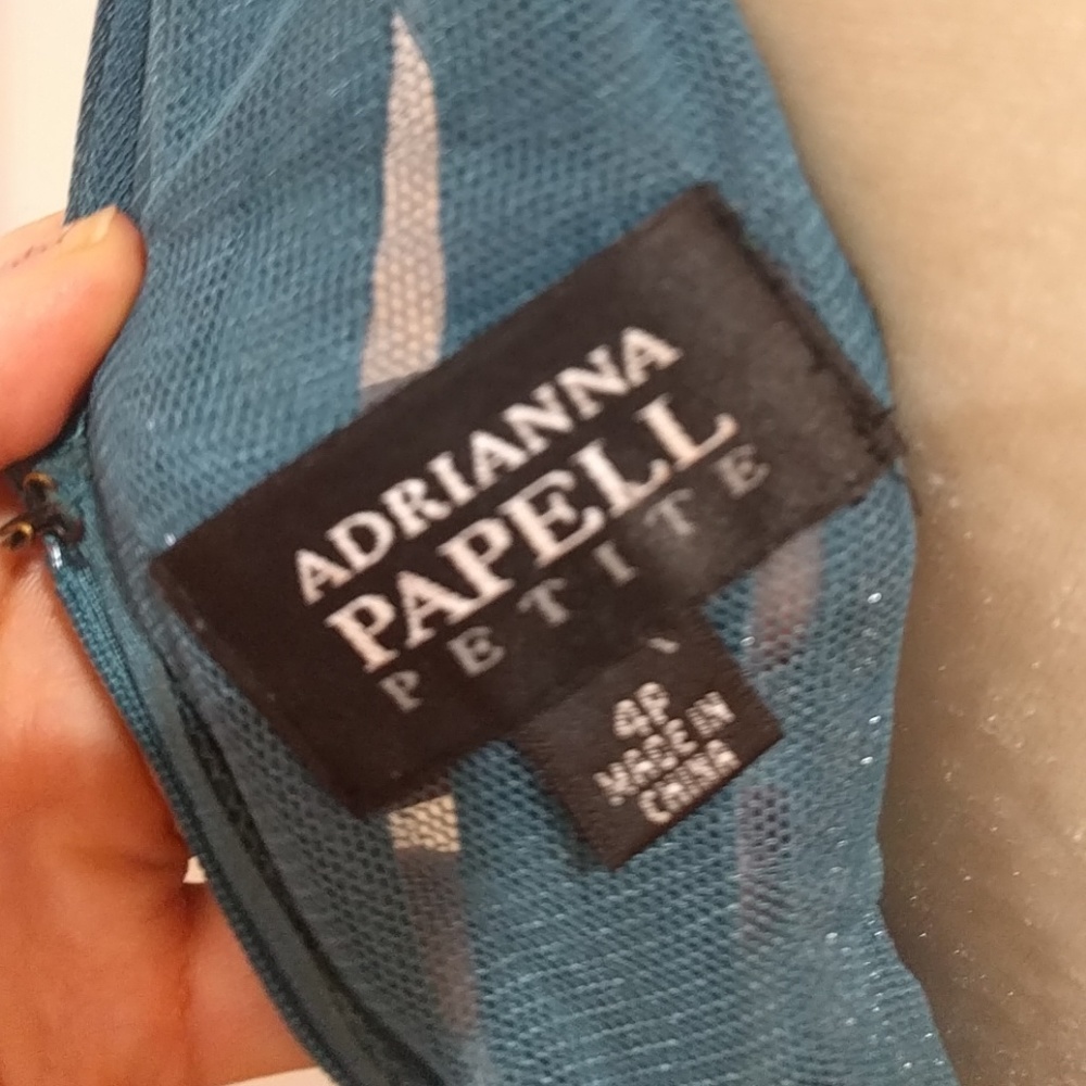 Adrianna Papell Shimmery Teal Scalloped V Sheath - Picture 5 of 7