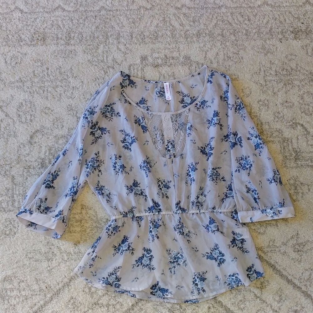 ❁ Blue Floral Sheer Top ❁