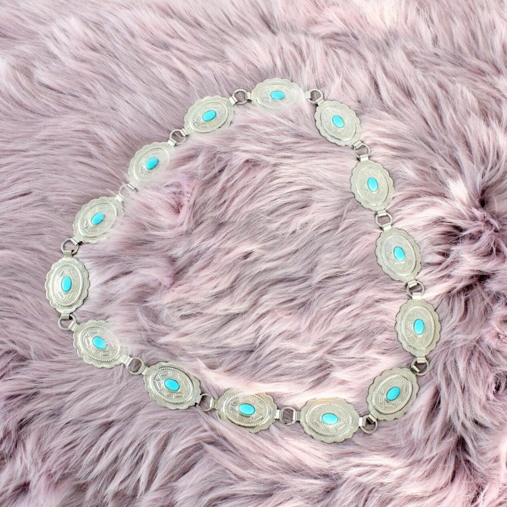 Vintage Silver Tone Concho Chain Belt Faux Stones