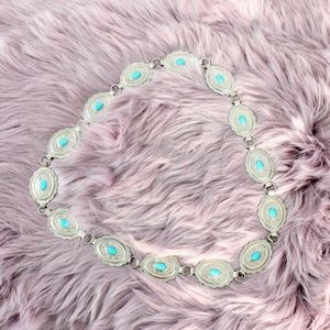 Vintage Silver Tone Concho Chain Belt Faux Stones