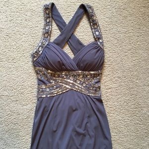 Grey purple sequin long prom dress