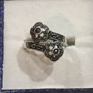Floral marcasite bypass silver ring