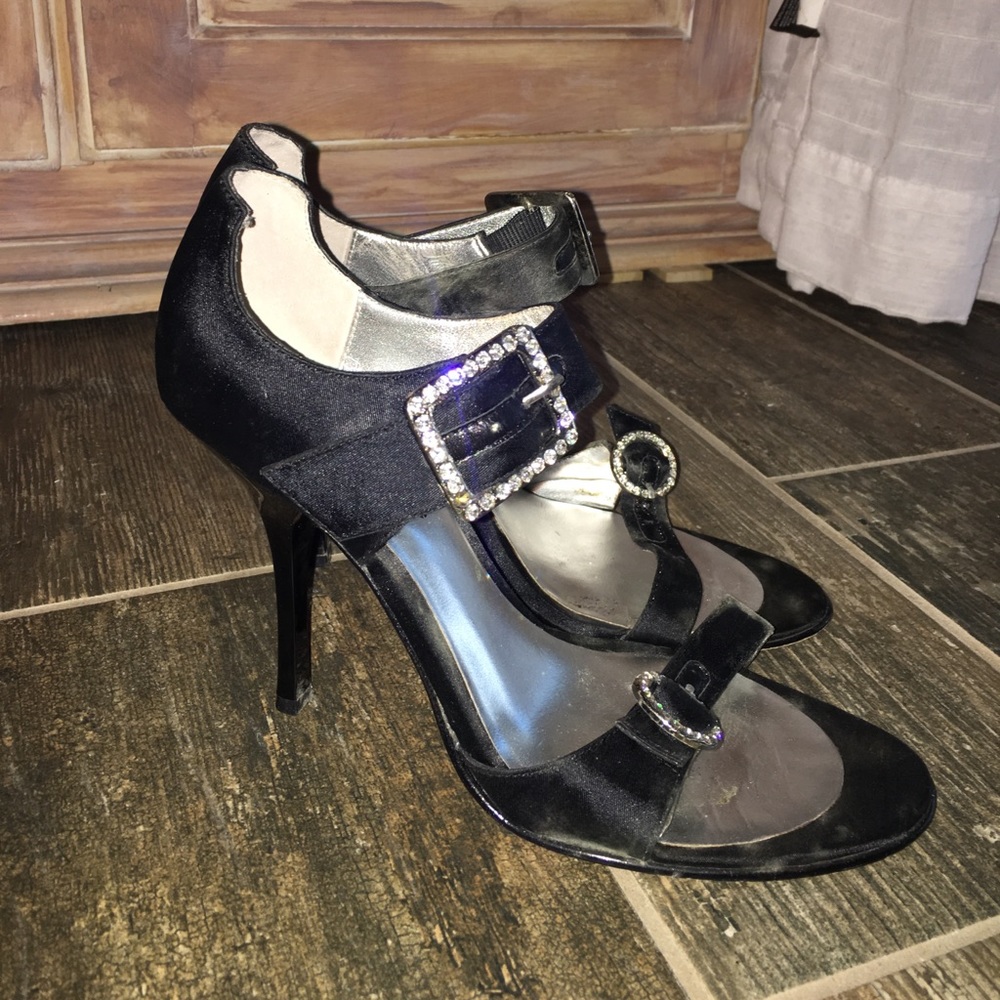 Black BEBE Heels with Rhinestone Buckles