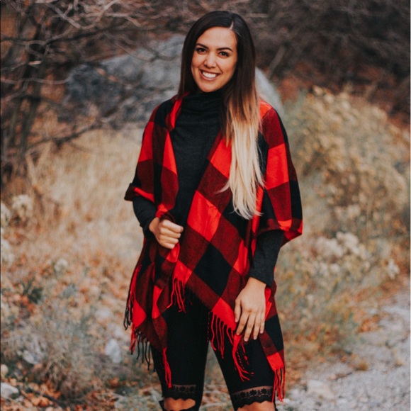 LAST ONE! Plaid Poncho Red/Black - Picture 2 of 8